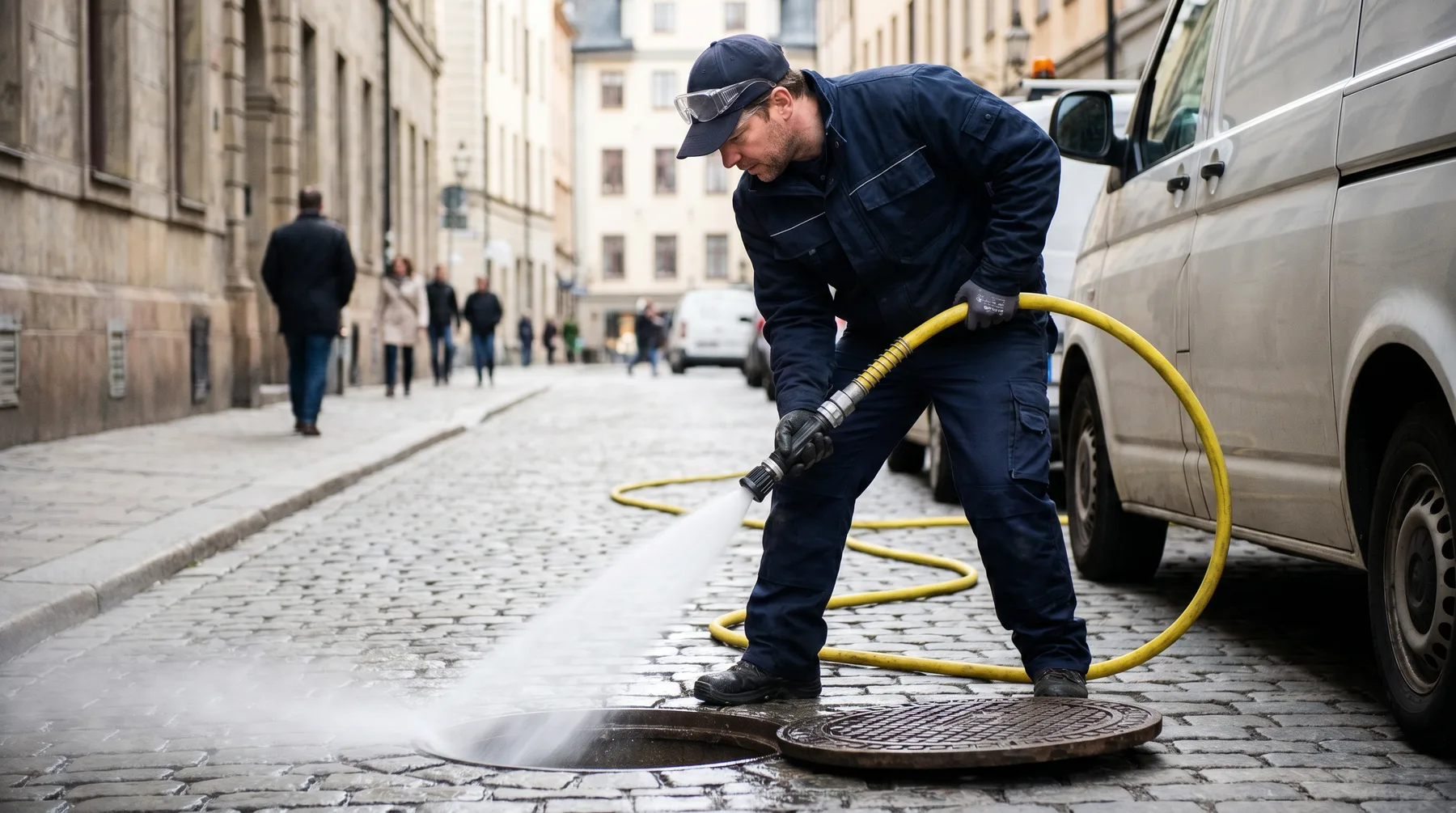 Pompe haute pression d'hydrocurage en intervention dans une rue du Val-de-Marne