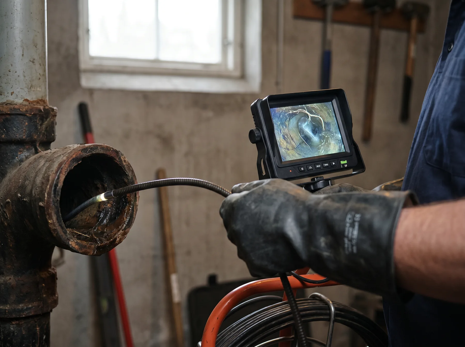 Mains gantées d'un plombier opérant une caméra d'inspection vidéo HD dans une canalisation