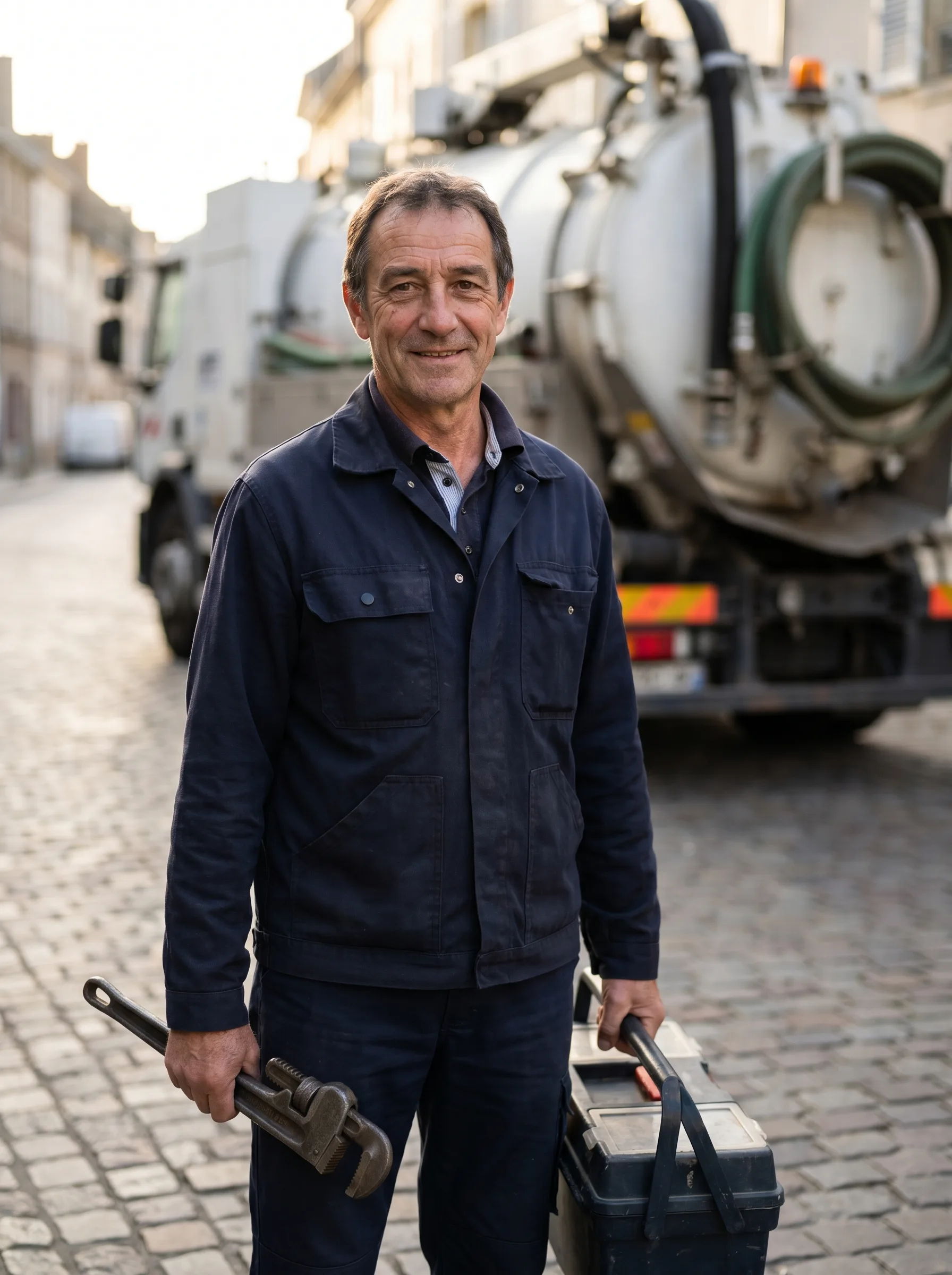 Plombier Urgence Débouchage 94, artisan en uniforme bleu marine devant un camion d'hydrocurage